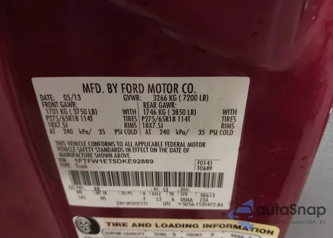 2013 Ford F-150 Lariat z USA, uszkodzony, nr VIN 1FTFW1ET5DKE92889